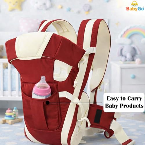 Image of BabyGo Kid Seat Baby Hip Carrier 4-in-1 Adjustable Baby Carrier Cum Kangaroo Bag| Front, Back|for 6 to 24 Months Baby|Newborn to Toddler Carrier|Safety Belt & Buckle Straps|Up to 15 Kgs (Maroon)