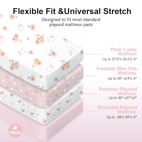 Image of Plushii 4 Pack Pack and Play Fitted Sheet s for Girls,Sweet Daisy | 38 inchx 26 inch Mini Crib Sheets,Soft Microfiber Pack and Play Sheet,Fitted for Mini Crib & Pack and Play Mattress, Playpen Sheet