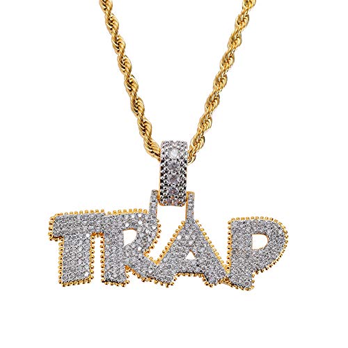 Kmasal Jewelry Hip Hop Iced Out Bubble Letter Trap Pendant Necklace 18K Gold Micro-Pave Simulated Diamond Cubic Zirconia Necklace For Men Women #TOP10