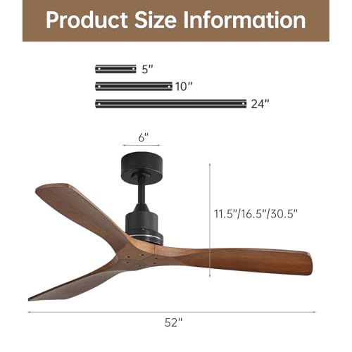 Sofucor 52 inch Ceiling Fan No Light, Solid Wood Indoor/Outdoor Ceiling Fans Without Lights, Remote Control, Reversible DC Motor, 3 Blade Low Profile Ceiling Fans for Patios, Bedroom, Farmhouse thumbnail 2