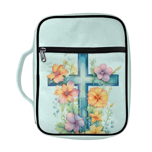 Coldinair Bible Covers Floral Cross Bible Case for Women Girls Teal Tropical Hibiscus Flower Bible Book Carrying Bag Kids Scripture Case Polyester Church Bag Bible Covers with Handle Pockets Zippered