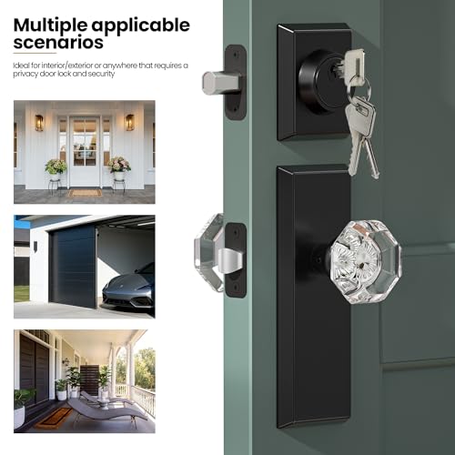 Image of Glass Door Knobs with Single Cylinder Deadbolt Lock Set - Matte Black Crystal Passage Knob for Interior /Exterior Doors - Vintage Diamond Bedroom Bathroom Closet Handles