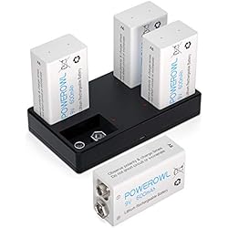 Cargador Y Pilas Recargables 9V POWEROWL Cargador de Pilas Recargables 9V con 4 Unidades 600mAh 9V Pilas Recargable de Litio para Detectores de Humo y más
