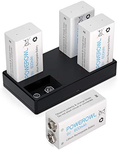 9v Rechargeable battery with Charger, POWEROWL 600mAh Rechargeable 9V Batteries for Microphone, Smoke Alarm and other devices(Low Self-Discharge - 4 Pack)