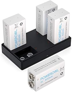 9v Rechargeable battery with Charger, POWEROWL 600mAh Rechargeable 9V Batteries for Microphone, Smoke Alarm and other devices(Low Self-Discharge - 4 Pack)