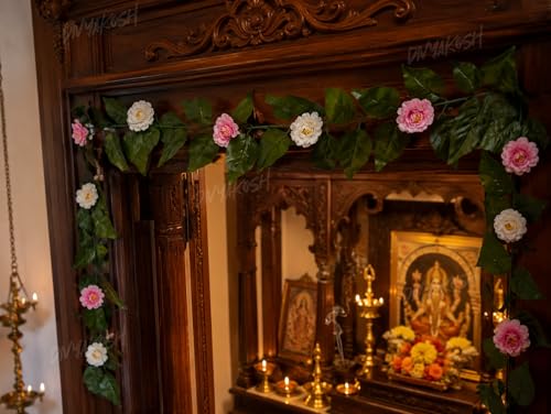 Image of Divyakosh Mango Leaf Vine /Creeper with Camellia Flower for Door Decoration 80 Inch | 12 Camilia Flowers Hanging Thoran /Bandarwal for Diwali Ganpati Navratri Wedding Pooja Home Entrance Decor