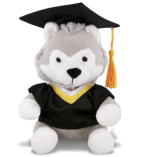 DolliBu Wolf Graduation Plush Toy - Soft Huggable Graduation Stuffed Animal Dress Up with Gown and Cap with Tassel Outfit with Personalization - 6 Inches