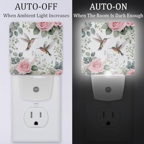 Image of NEWzone Hummingbird Rose Night Light [2 Pack], Plug in Wall Led Night Lights Decor for Boys Girls Room, Dusk to Dawn Sensor Wall Lamp for Stairway /Bedroom /Kitchen /Nursery Room