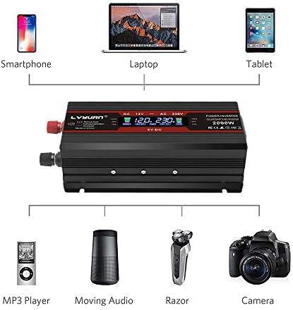 Cantonape Power Inverter 2000w DC 12V to 230V 240V AC Car Converter, 12V Inverter with Cigarette Lighter, 2 USB and UK Sockets Car Adapter With LCD Display