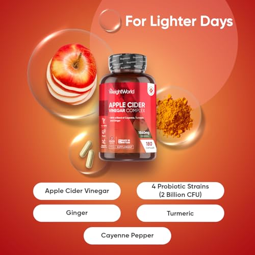 Apple Cider Vinegar Capsules 1860mg - 2 Months Supply - 180 Capsules - 4 Probiotic Strains (2 Billion CFUs) - with Cayenne Pepper, Turmeric & Ginger - Non-GMO & Vegan ACV Supplement - Made in The UK