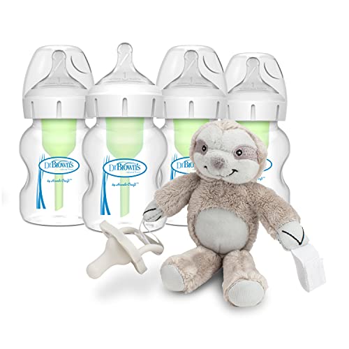 Image of Dr. Brown’s Natural Flow® Anti-Colic Options+™ Wide-Neck Baby Bottle, 9 oz/270 mL, Level 1 Nipple, 4-Pack, 0m+ with Lovey Pacifier Holder with Silicone HappyPaci, Sloth, 0-12m