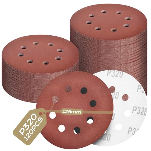 Yokuni 120 Pièces Disque Abrasif 125mm,Convient pour le ponçage papier de verre comporte 8 trous,Utilisation sur une polisseuse traitement des métaux...