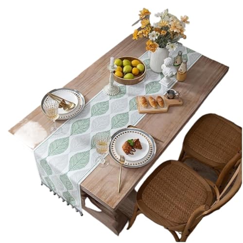 Chemin de table vert avec pompon bicolore 32x140cm pour décoration de cuisine