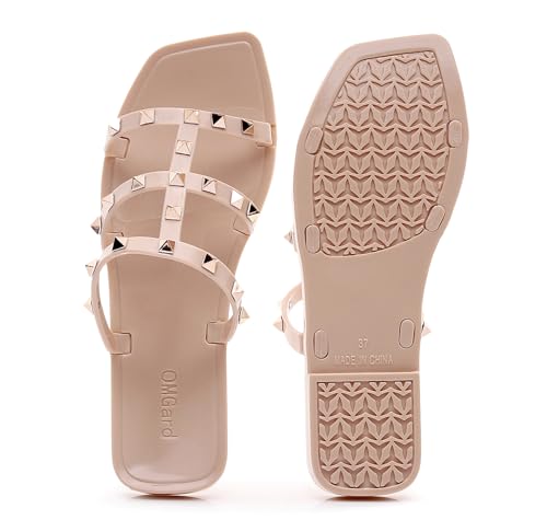 Image of Women Flats Sandals, Studded Jelly Shoes Size 9 Red Dressy Summer Beach Rivets Strappy Jellies Slide Slip On Open Toes