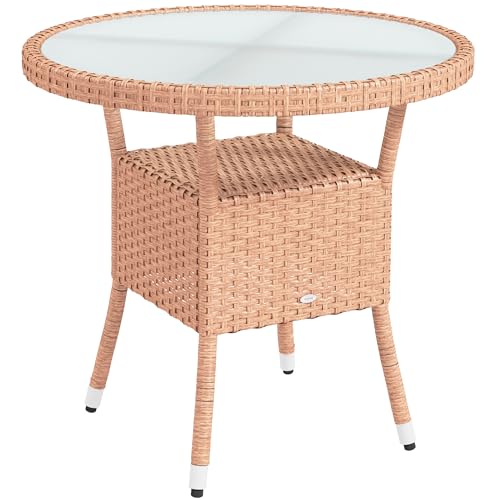 Outsunny Mesa de Ratán Redonda Ø80x75 cm Mesa de Jardín con Estante Tablero de Vidrio y Marco de Acero Carga 50 kg para Terraza Patio Natural