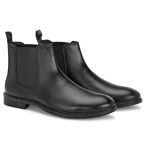 Image of Men's Chelsea Boots, Black Leather, Elastic Side Panel, Pull-On Style, Low Heel