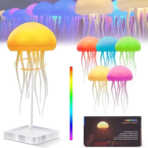 Jellyfish Lamp, RGB Gradient Jellyfish LED Night Light Voice Control Rechargeable, Type-C Table Cute Bedside Lamp with Touch Sensor for Bedroom (Hanging + Base)