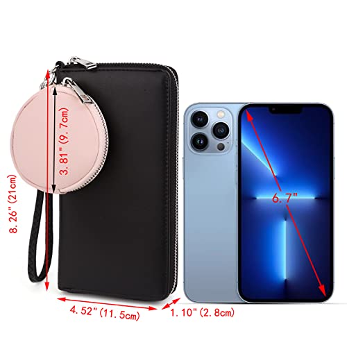 Uto Women Wallet Large Leather 2 Pcs Zip Pouch Card Holder Checkbook Passport Organizer Ladies Travel Clutch With Wristlet Black #TOP5