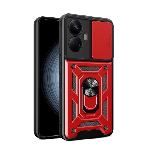 Image of Back Case for Realme 10 Pro Plus with Slide Camera Cover | Heavy Duty Military Grade 360 Protection | Build-in Ring Kickstand Shockproof Mobile Phone Bumper Case (Red)