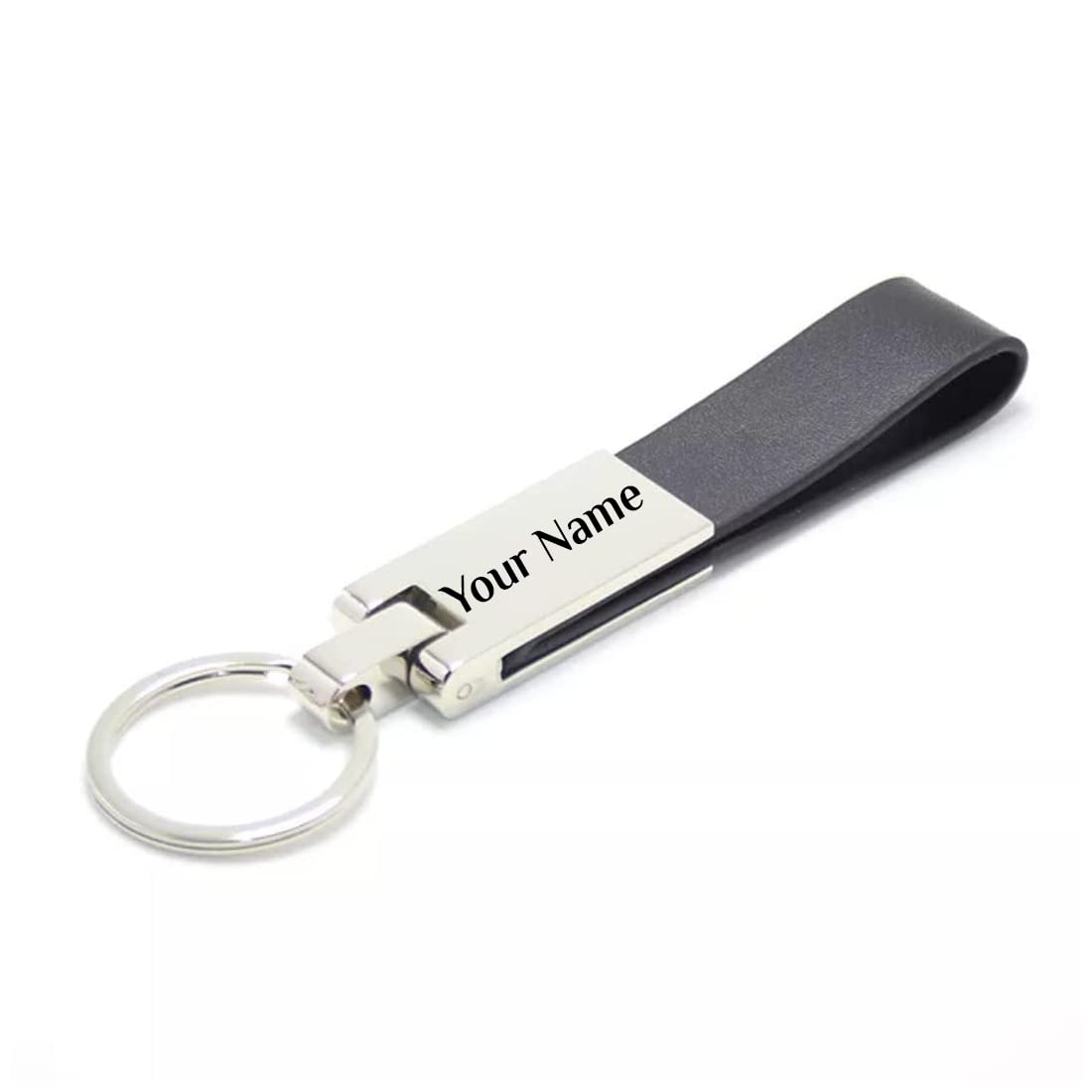 Giftana Personalized Keychain with Name Engraved, Modern Black Leather Metal Key chain for Bike Office, Personalized Silver Keyring, Customized Keychain Gift for Men Husband, Father, Secret Santa Gift