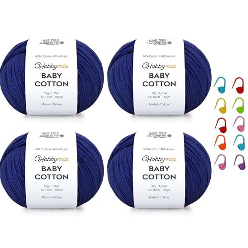 Image of Baby Cotton Blend Yarn - Soft Sport Weight Yarn for Crochet & Amigurumi - 50g /180yds - 60% Cotton 40% Acrylic - Ideal for Baby & Knitting Proj. & 10 Stitch Markers(Navy Blue, 4 Balls)