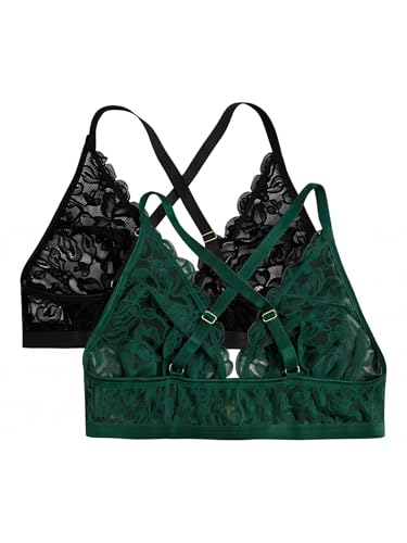 Image of MakeMeChic Women's Plus Size Lace Bralette Front Closure Bras Wireless Deep V Triangle Sexy Lace Bra
