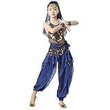 Magogo Girls Belly Dance Costume 6pcs Kit, Kids Arabian Princess Chiffon Clothes Indian Dance Performance Outfit (XL, Dark Blue)