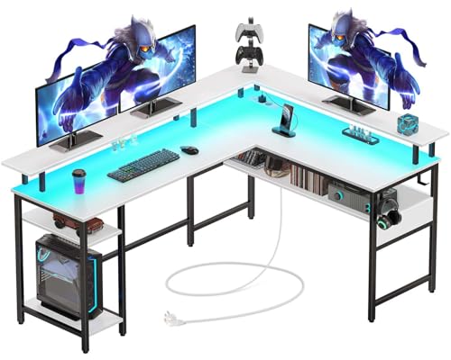 Rolanstar Schreibtisch, Gaming Tisch L Form mit LED & Steckdose, 137 x 108cm Computertisch mit Monitorständer & Stauraum, Reversibler Ecktisch für Büro, Heimbüro (Weiß)