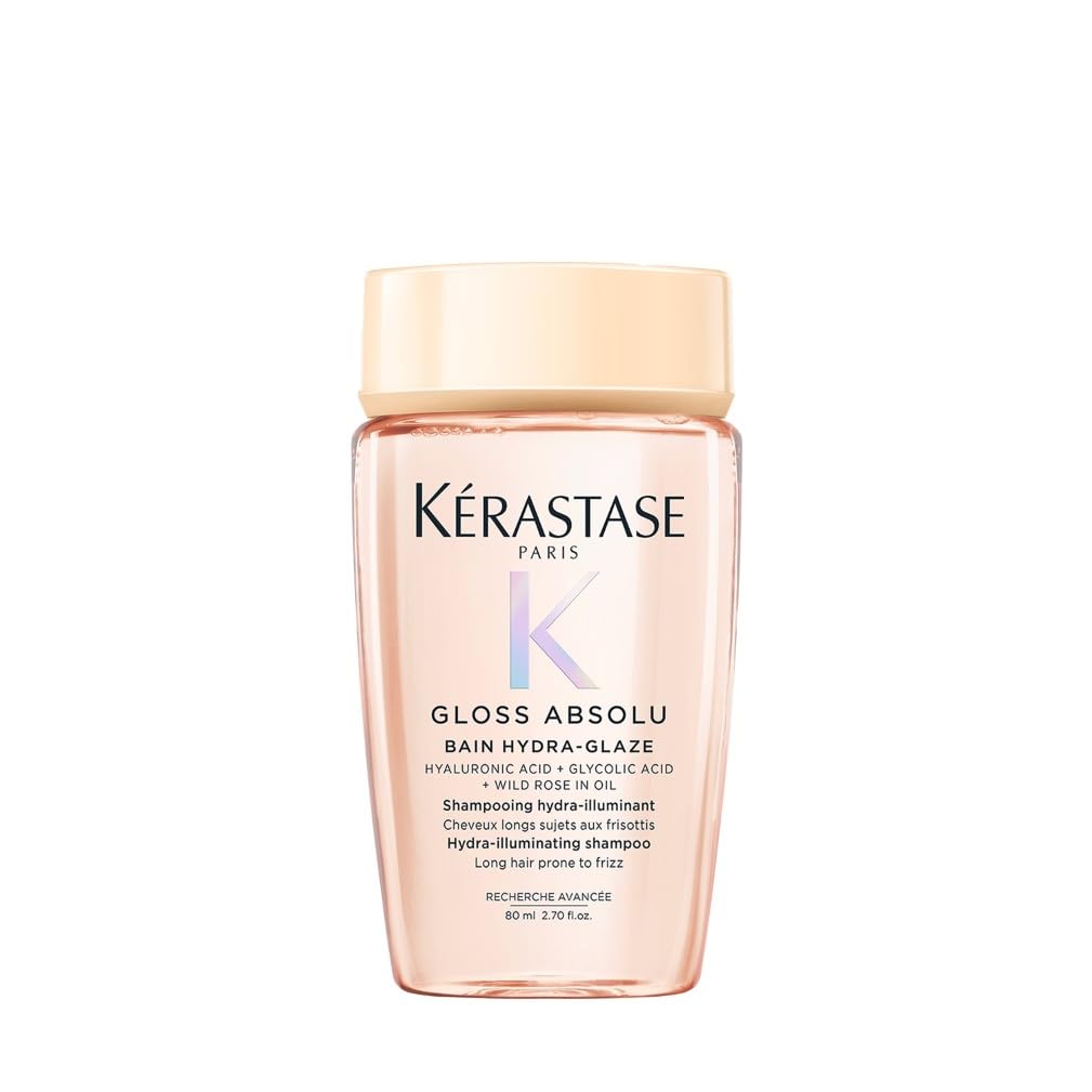 Kérastase Gloss Absolu Bain Hydra-Glaze, Shampoo für langes, zu Frizz neigendes Haar, Mit Hyaluronsäure, Glykolsäure und Wildrosenöl, Für intensiven Glanz & Volumen, 80ml
