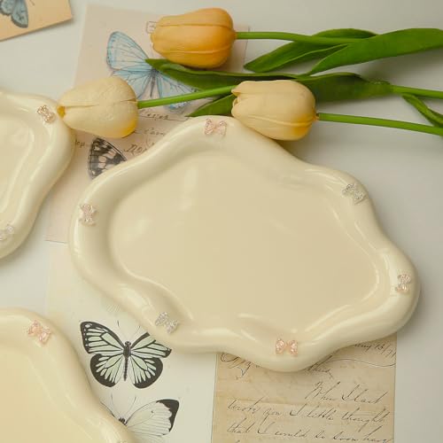 Image of Jewelry Dish Trinket Tray for Women, Ring Dish Holder, Unique Cloud Shape Ceramic Plate Cute Things Vanity Aesthetic Room Decor Mother's Day Birthday (Bow Cream)