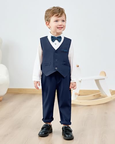 Image of nilikastta Toddler Baby Boy Clothes Suit Gentleman Wedding Outfits Formal Dress Shirt /Bowtie /Vest /Suspender Pants 1-9 Years