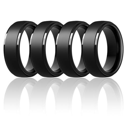 Image of Egnaro Men's Silicone Wedding Rings: Classic Black Step Edge Rubber band 10mm Wide 2.5mm Thick- Hypoallergenic for Gym /Outdoor /Gift(1 /4 /7 Variety Pack with Half Size)