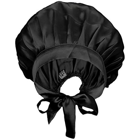 moonsix Women's Natural Silk Night Cap Satin Sleep Caps Elastic Head Cover Bonnet for Hair Care,Tape,Black Cover