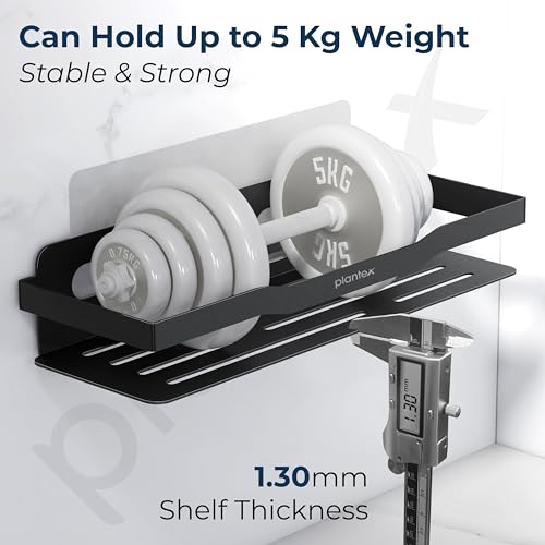 Image of Plantex Self Adhesive Bathroom Shelf /Stainless Steel Bathroom Organiser /Wall Adhesive Shelf /No Drill Bathroom Shelves /Kitchen Organizer-Pack of 1(12x4 Inch, Black)