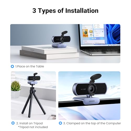 Image of UGREEN Full HD 1080P Webcam with Microphone, 2 Noise-Canceling Mics, 85 Fov & Fixed Focus, Plug and Play, Auto Light Correction, Privacy Cover PC Camera for Zoom /Skype /Teams, Switch 2, Grey