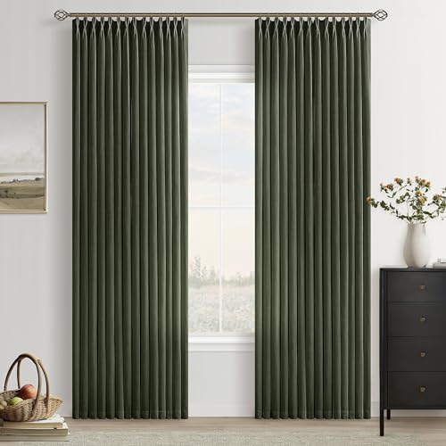Image of Dark Green Pinch Pleated Semi Sheer Linen Curtains 84 Inch Long for Bedroom | Emerald forest Hunter Green, Light Filtering Privacy, Flax Textured, Living Room, Memory Shape Hook Rings, Elegant Luxury