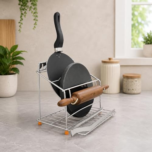 Image of Stainless Steel Chakla Belan and Tawa Stand for Kitchen - 4 in 1 Tawa Chimta Stand, Rolling Pin Board Holder Wall (Only, Floating Shelves) (NHSP)