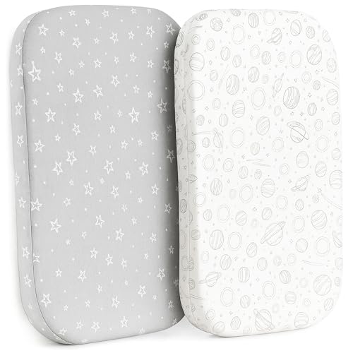 Image of 2 Pack Organic Bedside Bassinet Sheets Compatible with Mika Micky, Baby Delight, Dream On Me, AMKE and Other Bassinet Mattress Pads Size Between 17-21 in Width, 29-33 in Length, and 1.5-4 in Thick