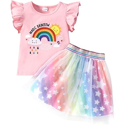 RETSUGO Girls Tulle Skirt Set Two Piece Ruffle Sleeve Unicorn T-Shirt Tutu Dress Summer Birthday Party Outfit, Star/Pink, 5-6 Years Cover