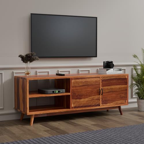 Image of DRIFTINGWOOD Magnus Solid Sheesham Wood TV Console for Upto 55 Inch TV, Entertainment Center with Cabinets & Shelves, Honey Finish
