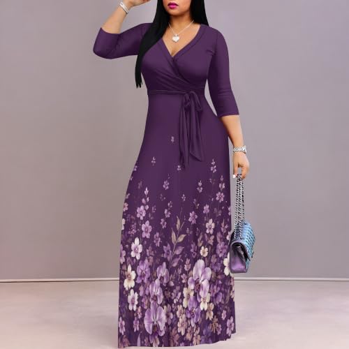 Image of Plus Size Maxi Dress for Women V Neck 3 /4 Sleeve Wrap Dress Plum XL | Plum Floral Women's Maxi Dress for Mother's Day Wedding Women's Day