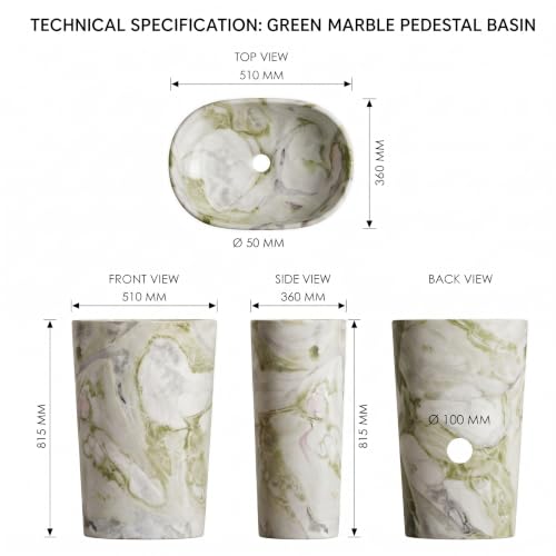 Image of BASSINO 20x14x33 Inch Pedestal Wash Basin /Free Standing Wash Basin /7 Years Warranty /Oval Ceramic One Piece Pedestal Sink for Bathroom /Living Room /Dining Hall /Floor Mounted Washbasin(Green Mix Marble)