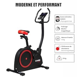 CARE FITNESS - Vélo d’Appartement CV-385-24 Niveaux de Difficulté - 24 Programmes - Compteur LCD Rétro-éclairé - Cardiofréquencemètres - Compatible avec l'application Kinomap - Port USB Noir