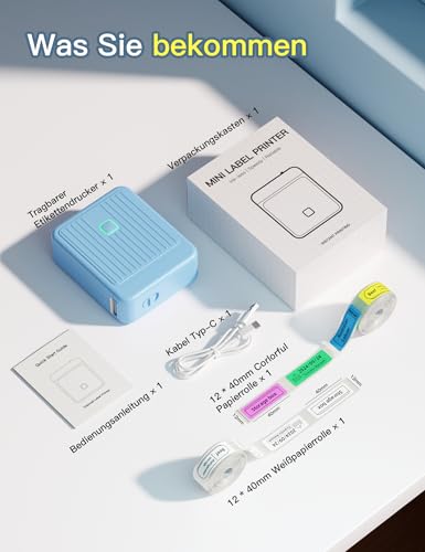 Etikettendrucker mit Wasserdichte Etiketten Selbstklebend(12mm*40mm), Bluetooth Beschriftungsgerät Tragbarer Etikettiergerät 2000 mAh Label Printer Kompatibel mit iOS und Android für Home-School-Büro