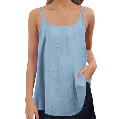 Top de espagueti para mujer, de verano, tirantes delgados, sin mangas, con pliegues, túnica, básica, para verano, playa, blusa informal con bordado con agujeros, camisola suelta, multicolor, cuello