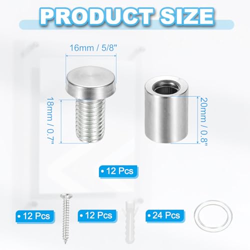 Image of PATIKIL 5 /8 inch x 1 inch Standoff Screws, 12 Pack Stainless Steel Wall Mount Sign Standoffs Mounting Hardware Advertising Nail for Hanging Acrylic Picture Frame, Silver