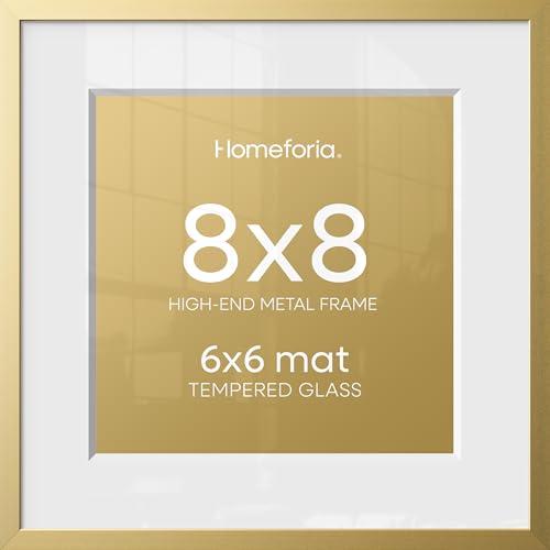 Homeforia 8x8 Gold Picture Frame, High-End Metal, 6x6 Mat, Glass