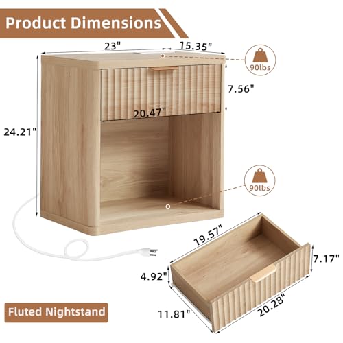 LEYAOYAO Fluted Nightstand with Charging Station, 23" Wide 1 Drawers End Table,Natural Night Stand with Open Storage Cabinet, Farmhouse Bed Side Tables, Wood Dresser for Bedroom, Living Room, Closet - Image 2