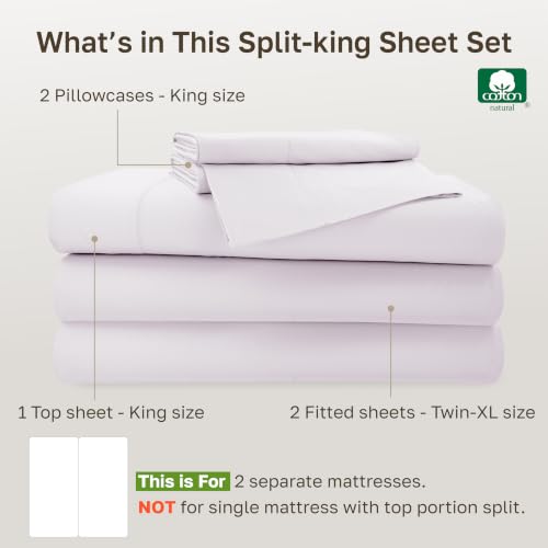 Image of California Design Den Split King Sheets Sets for Adjustable Bed Cotton - 500 Thread Count Sateen, 100% Cotton, Deep Pocket Bedding with All Around Elastic for a Snug Fit - Pale Orchid