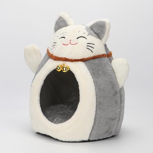 Poxvalzor 猫ベッド 猫ハウス ペットベッド ドーム型 暖かい ふわふわ もこもこ ペット用品 保温防寒 冬寒さ対策 キャットハウス 猫/犬/小動物/ペット用寝袋 ケージ 室内用 ペットハウス 冬用 ぐっすり眠れる休憩所 ベ ッド 寝床 クッション付き (グレー, L)